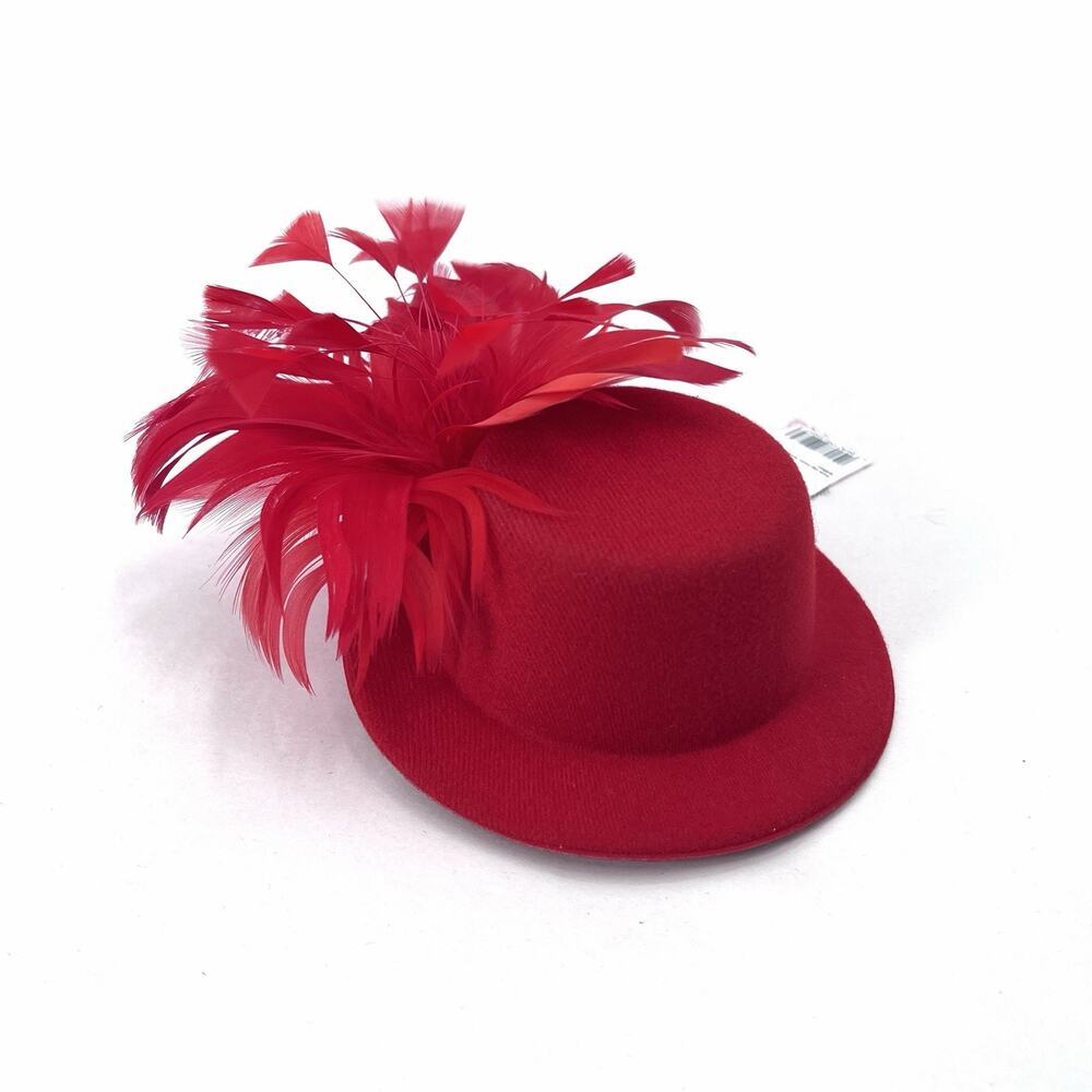 Mini Red Feather Adorned Fedora Hat Hair Clip Fascinator Tea Party Masquerade
